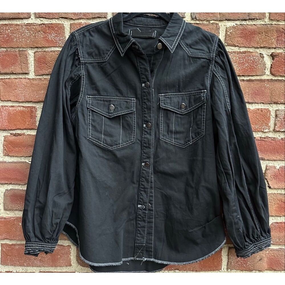 Free People Black Washed Button-Up Denim Shirt Jacket